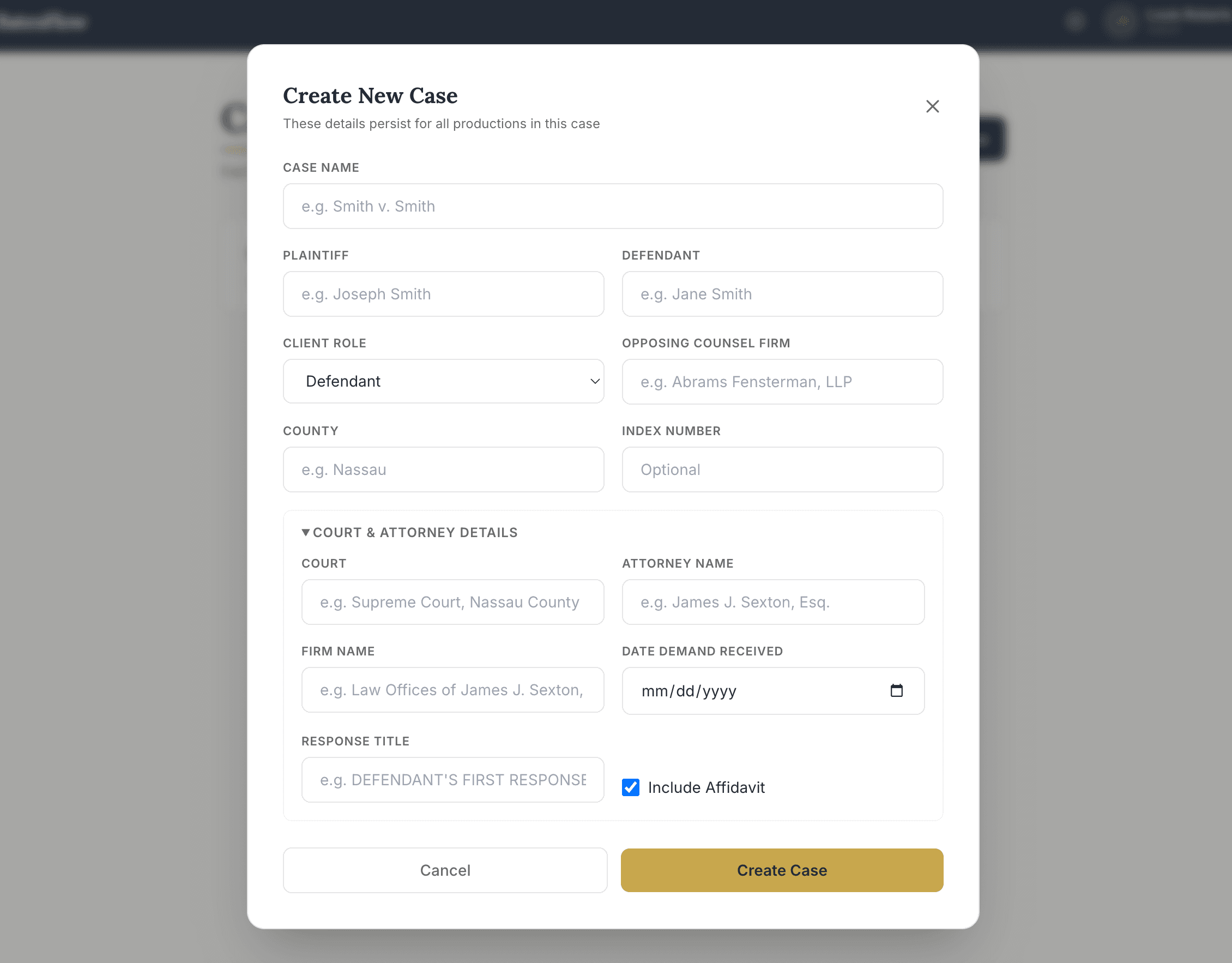 Create New Case modal with party, court, and attorney fields.