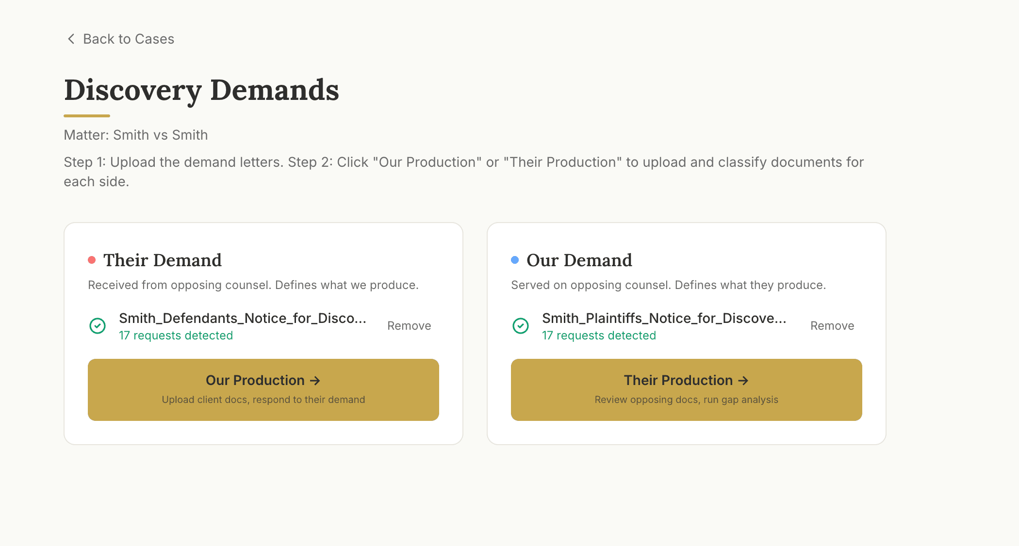 Both demands uploaded with 17 requests detected on each side.