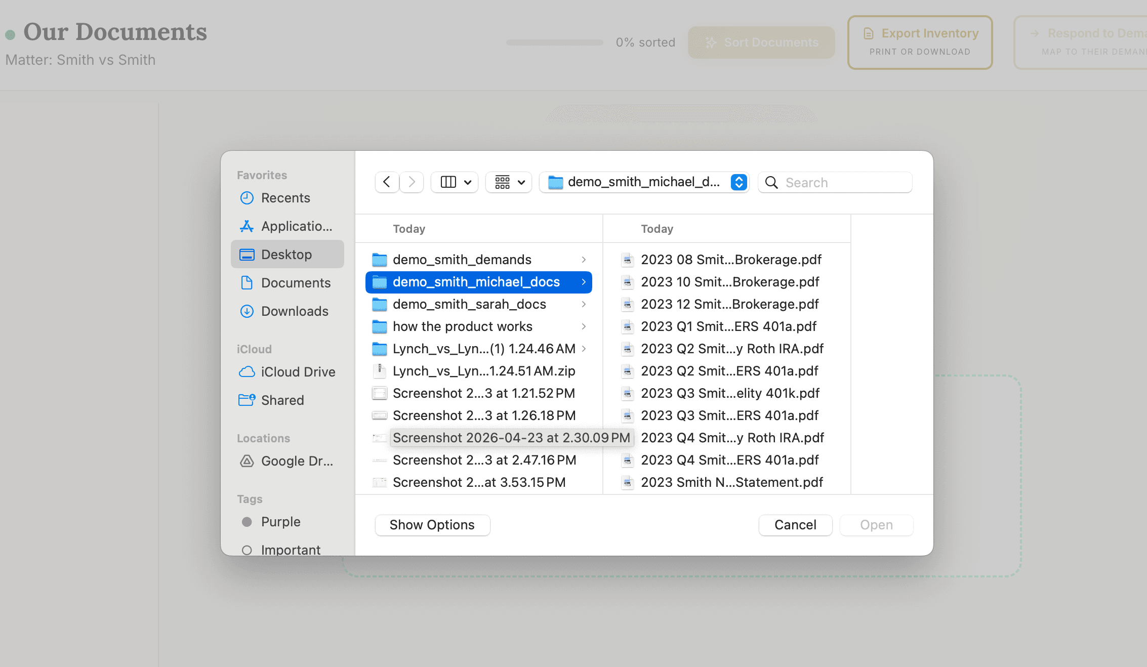 File picker showing a batch of client financial documents ready to upload.