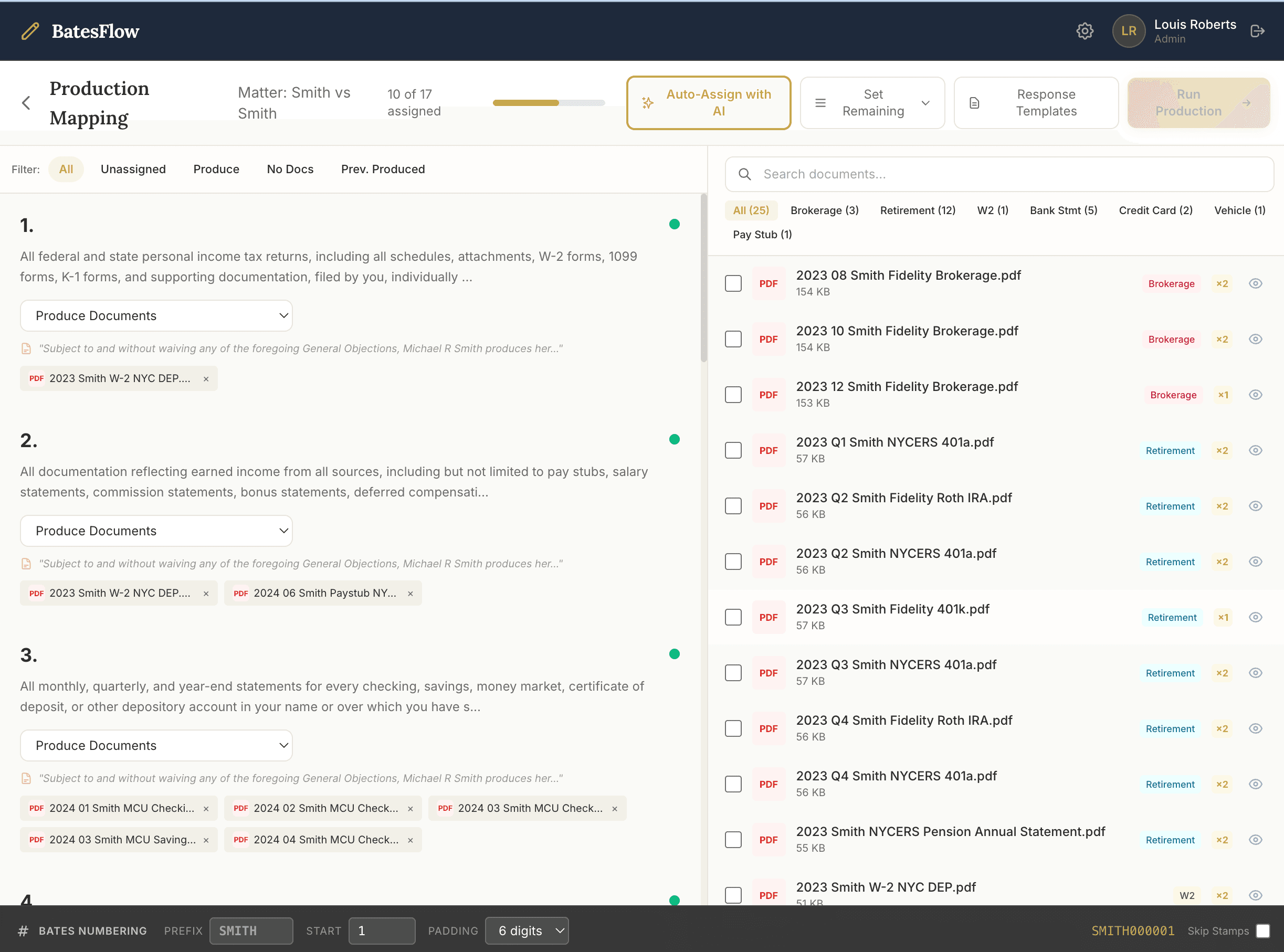 Production mapping workspace showing 17 requests paired with response-type dropdowns.