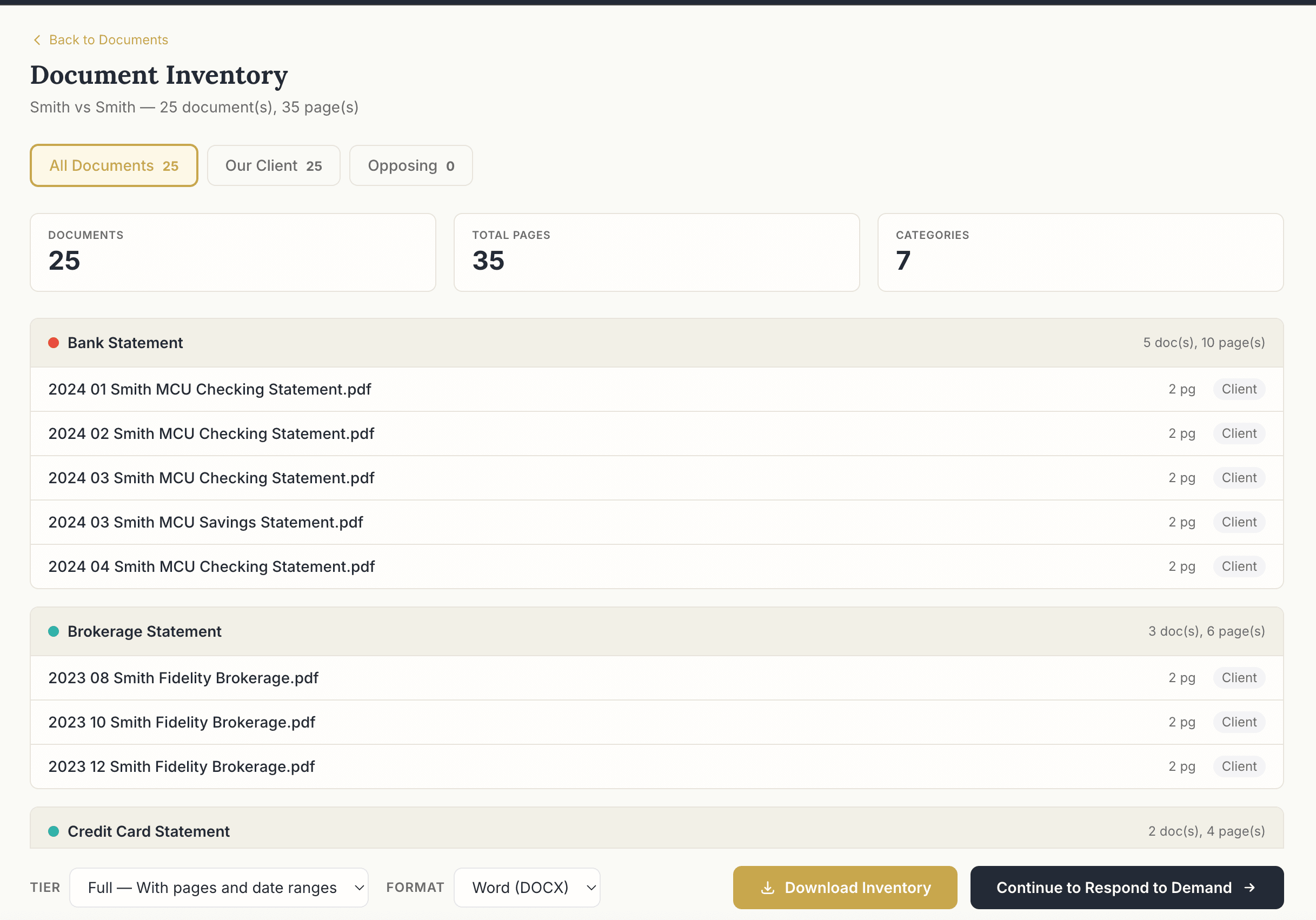 Document Inventory screen showing documents grouped by category with page counts.