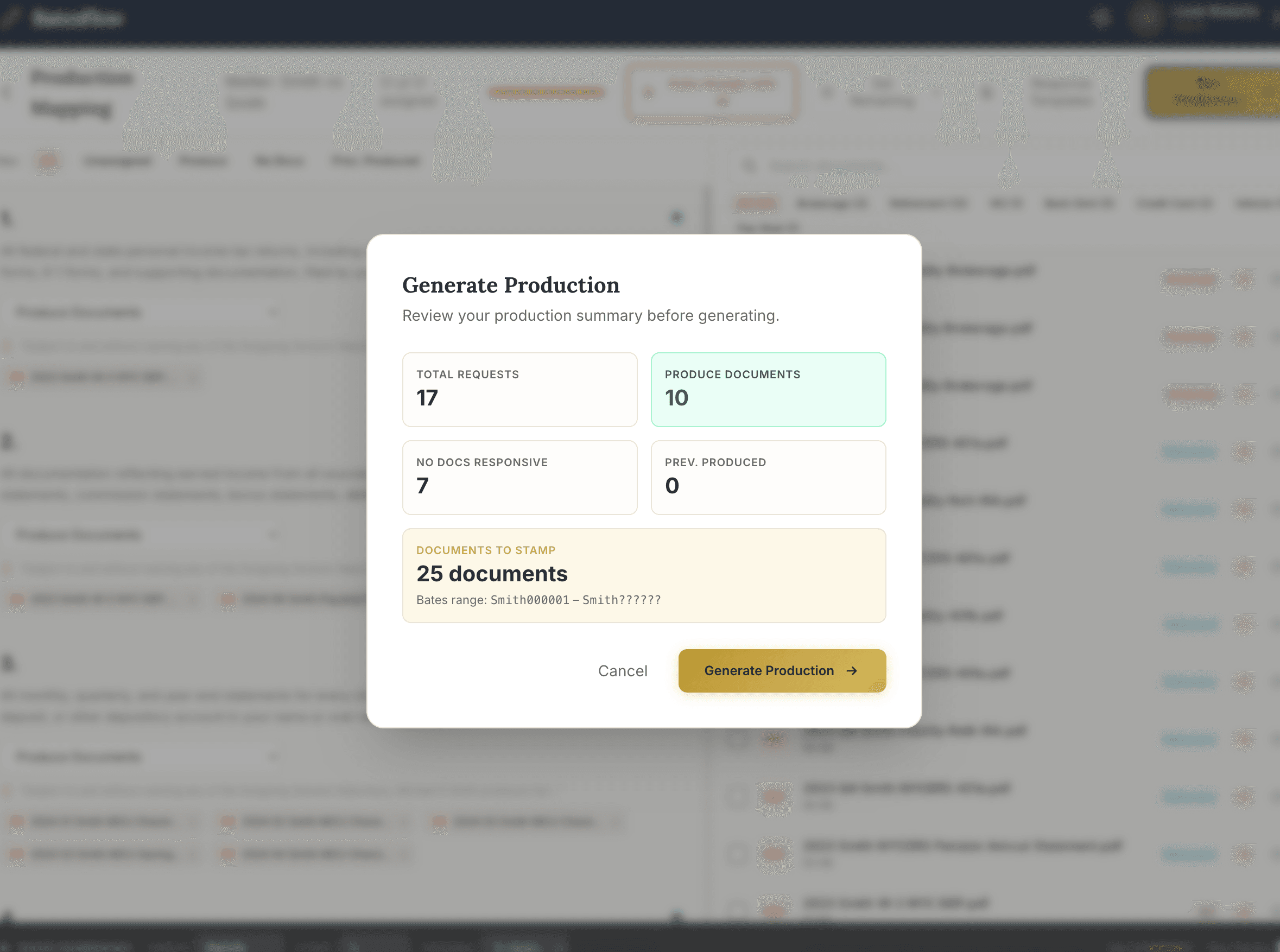 Generate Production modal with 25 documents ready to stamp and a Bates range preview.
